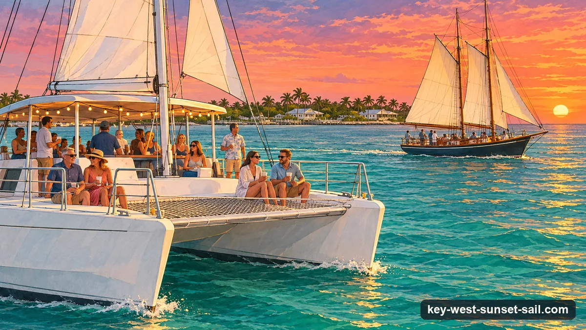 Illustration: a white sailing catamaran with guests on its wide deck and a two-masted wooden schooner with cream sails sailing side by side off Key West in late-afternoon gold light