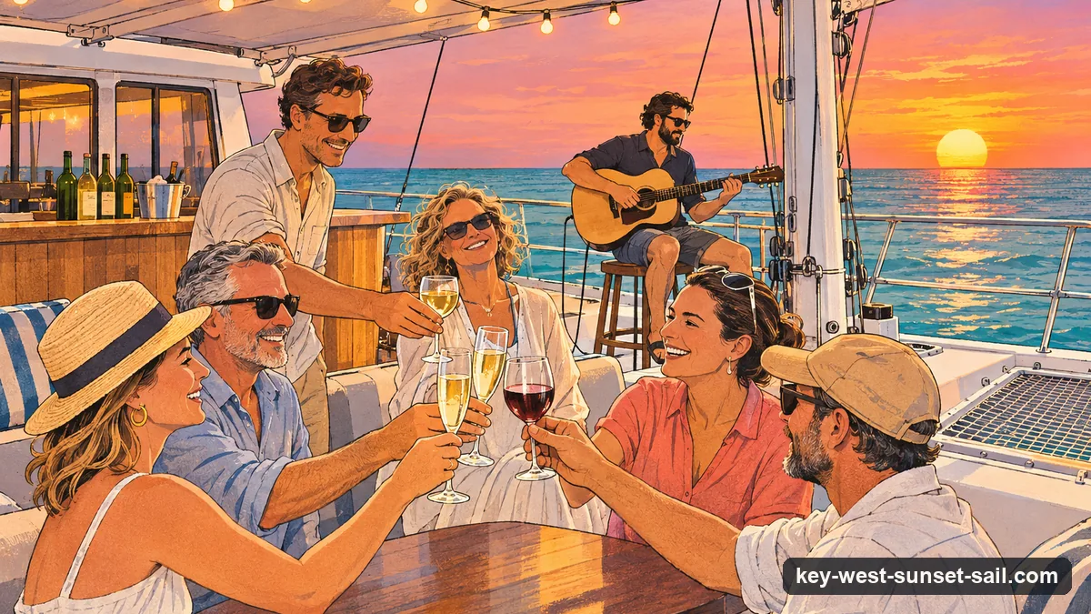 Illustration: guests on the shaded deck of a white sailing catamaran off Key West at sunset raising plain glasses of champagne and wine, a musician with an acoustic guitar playing beside the mast