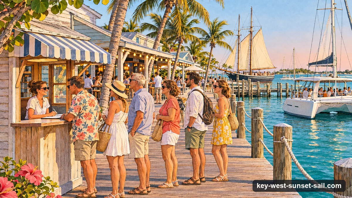 Illustration: guests checking in at a small wooden booth on the Key West harborwalk in late-afternoon light, palms and moored sailboats and a schooner's masts behind them