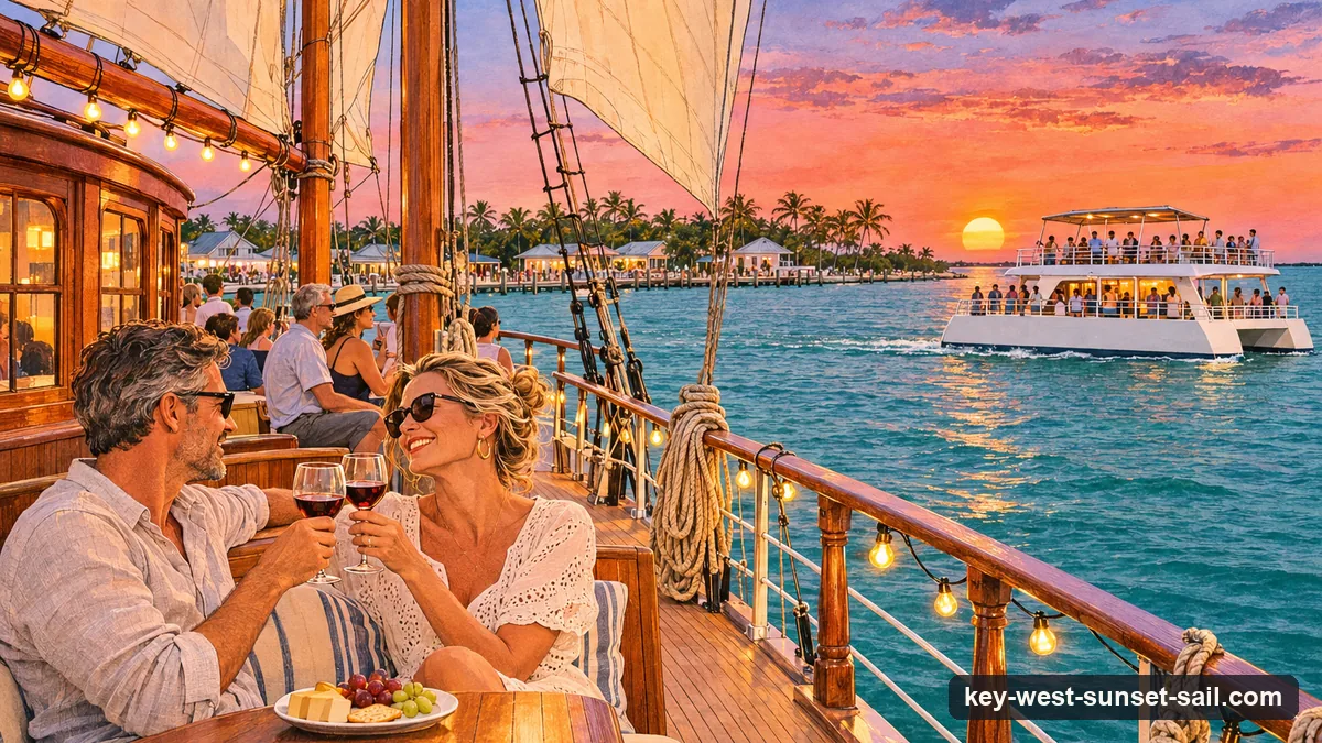 Illustration: a couple with glasses of wine on the wooden deck of a two-masted schooner off Key West at golden hour, a busy white two-deck catamaran with guests along its rails passing farther off