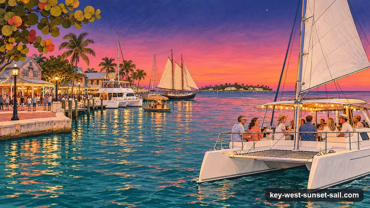 Illustration: a white sailing catamaran with guests on deck heading out of the Key West harbor in the afterglow just after sunset, the sky rose and violet, a schooner and the lit waterfront behind
