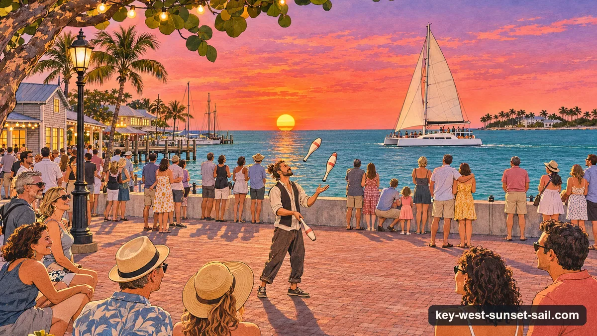 Illustration: the crowd on Mallory Square's waterfront plaza in Key West watching the sun set over the harbor, a juggler performing for a ring of people and a white sailing catamaran passing on the water